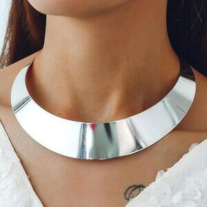 Silver Necklace Chunky Classy Choker with Chain Wide & Statement Piece